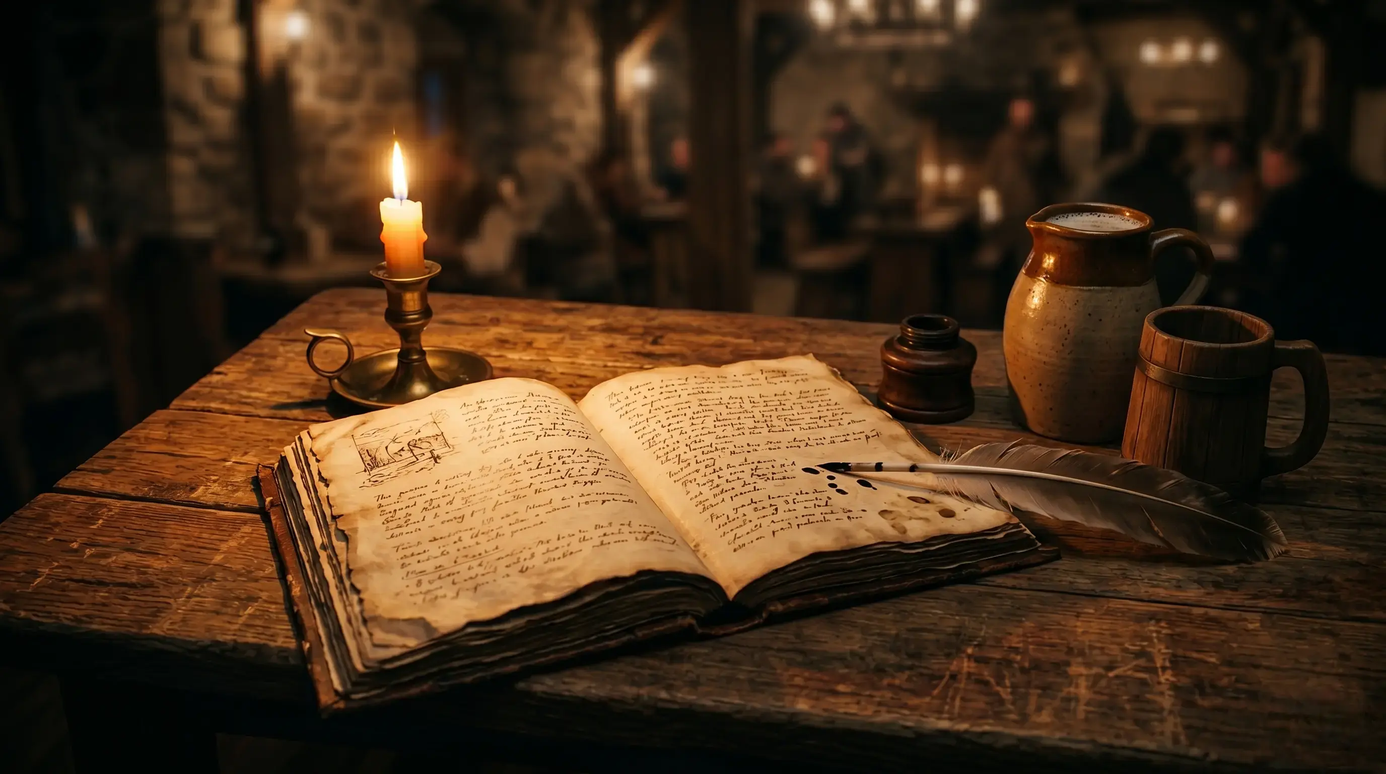 An open journal on a tavern table by candlelight